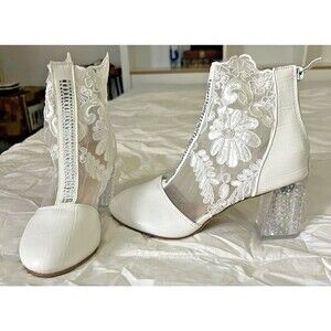 Women's White Lace Ankle Boots Size 6 Lucite Heel Zip Up Floral Mesh 36 EU